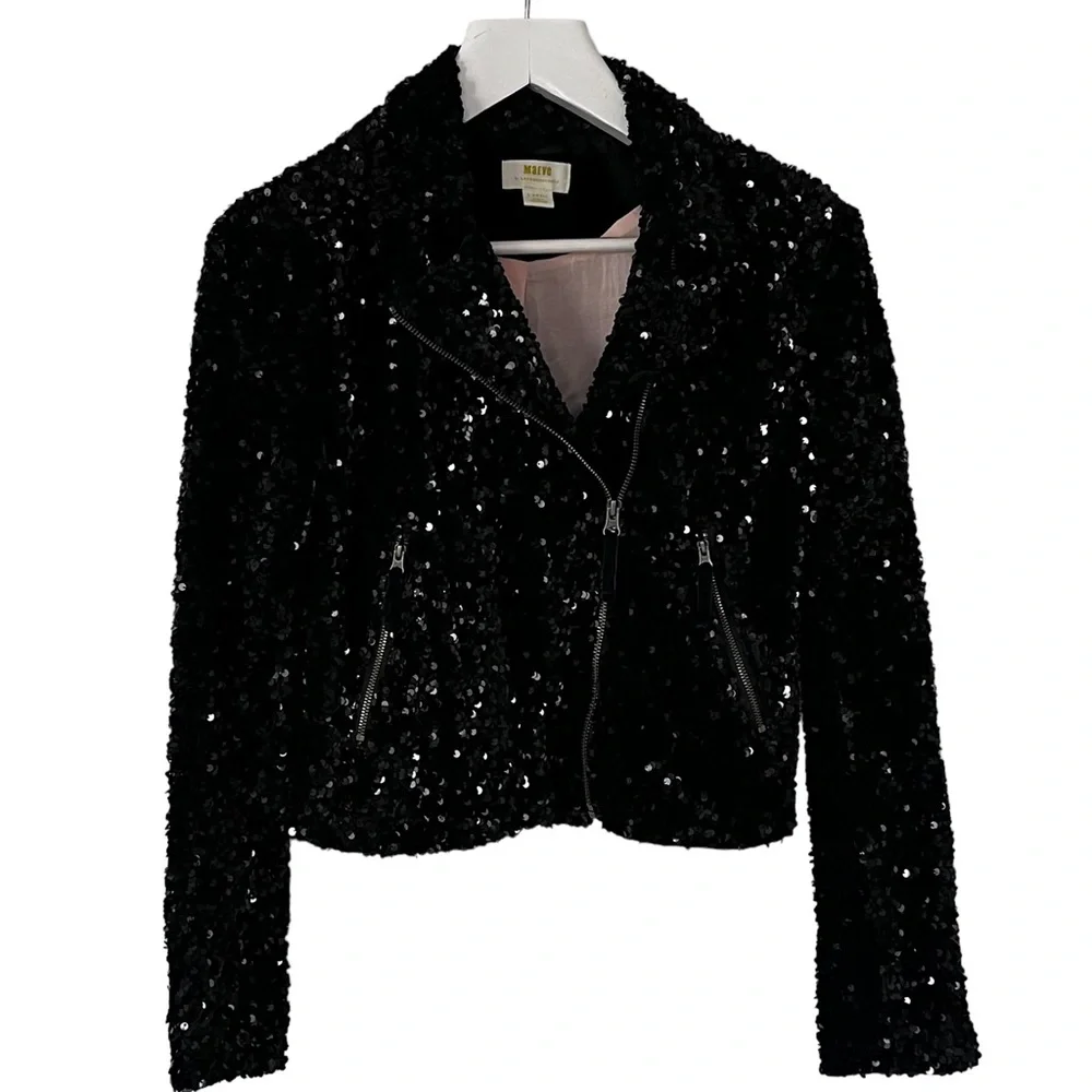 Maeve from Anthropologie Black Sequin Cropped Moto Jacket - Picture 3 of 12